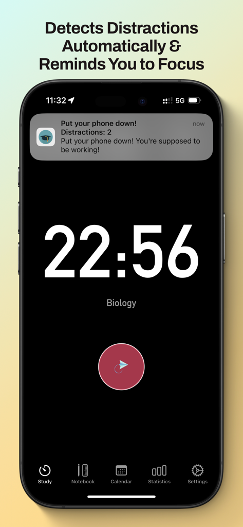 Studybreak app interface on a phone showing a Pomodoro timer for biology and a distraction alert notification