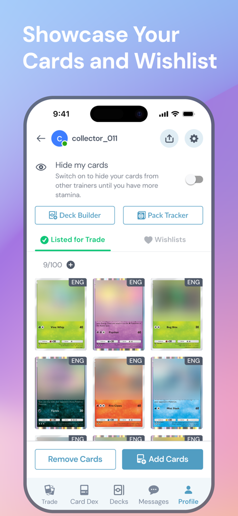 Mobile view of the PokeTrade app showing a collection of cards listed for trade and wishlist options