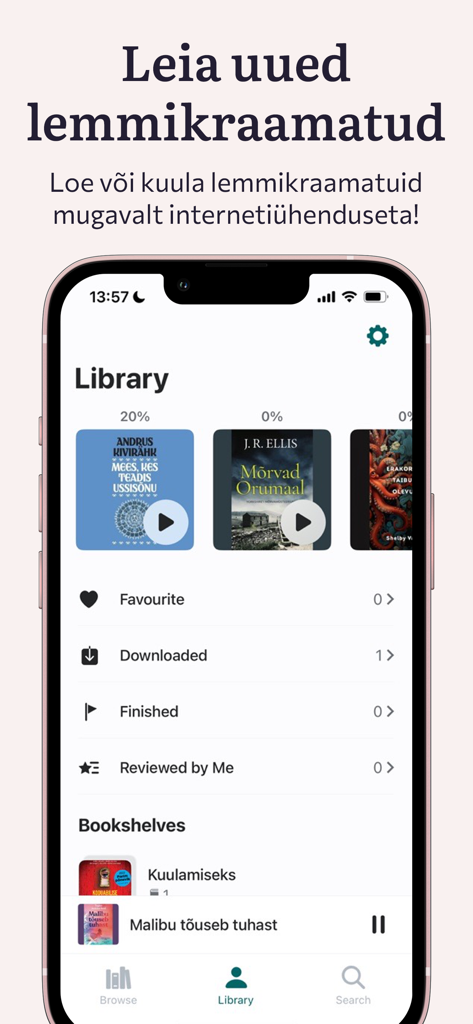 Rahva Raamat app library screen displaying Estonian audiobooks and e-books for offline listening