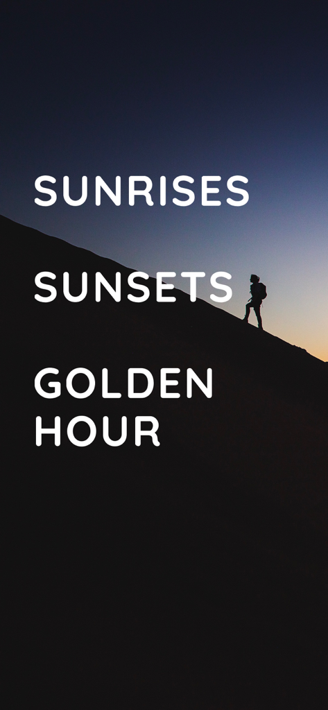 Silhouette of a hiker on a ridge against a twilight sky with Sunrises Sunsets and Golden Hour text overlay.