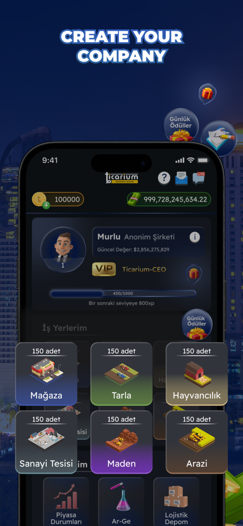 Ticarium: Tycoon & Strategy - Mobile game interface of Ticarium showing company profile and business management facilities