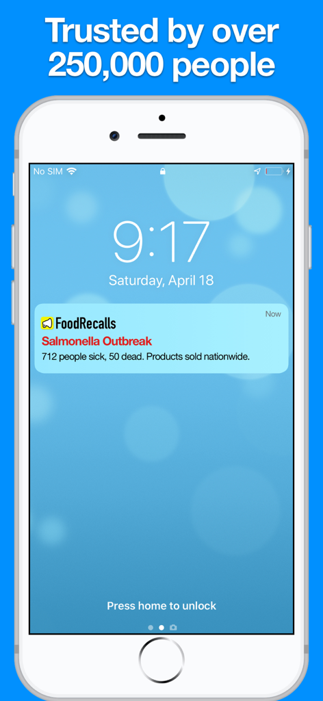Food Recalls & Alerts - 食品リコールアプリからの緊急サルモネラ菌アウトブレイクアラートを表示するスマートフォンのロック画面。