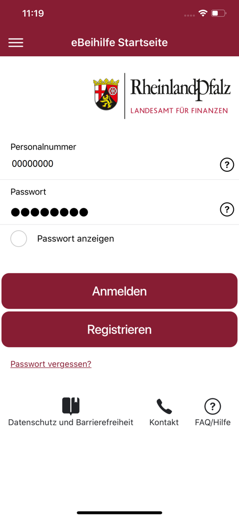 Anmeldebildschirm der eBeihilfe RLP App mit Feldern für Personalnummer und Passwort