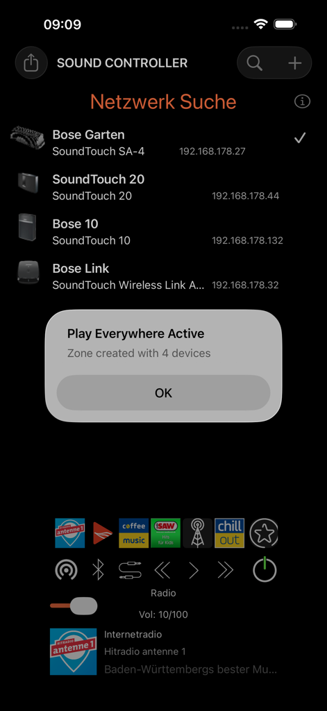 Companion for Bose SoundTouch - Interface of the Companion for Bose SoundTouch app showing the Play Everywhere feature active across four speakers