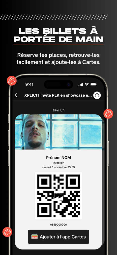 Warehouse - Smartphone screen showing a digital concert ticket with a QR code and a button to add to Apple Wallet in the Warehouse app