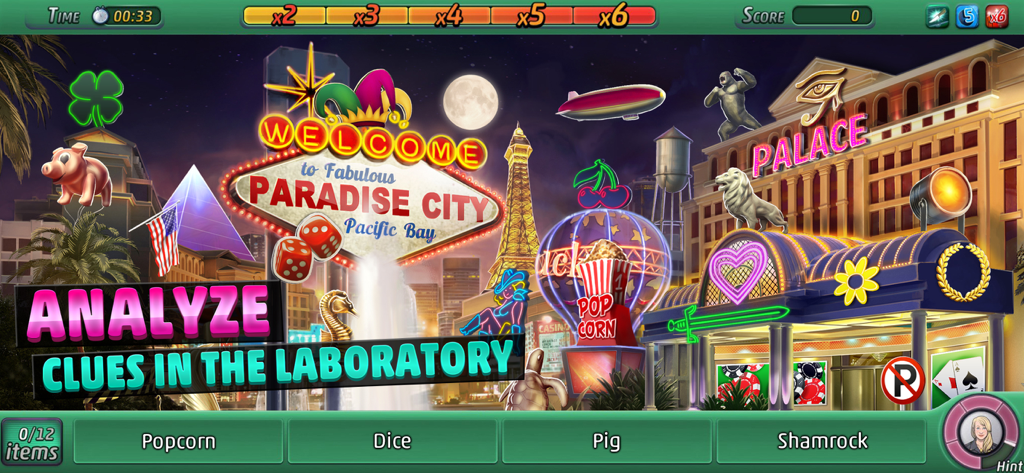 Criminal Case: Pacific Bay - 파라다이스 시티 네온 스카이라인과 찾아야 할 아이템 목록이 포함된 Criminal Case Pacific Bay의 숨은 그림 찾기 장면.