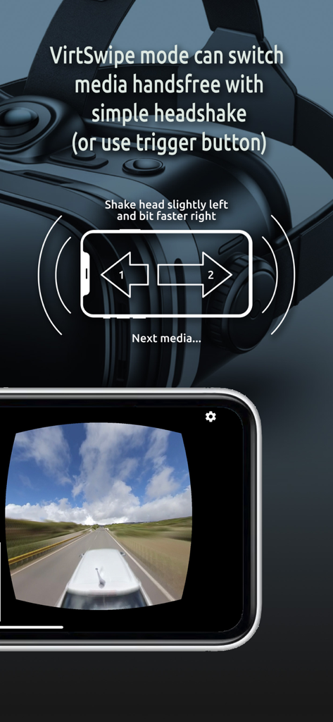 Simple 360 VR Media Player App - Función de navegación manos libres VirtSwipe del Reproductor de Medios RV Simple 360 mostrando un gesto de sacudida de cabeza para cambiar de medio en un visor de RV