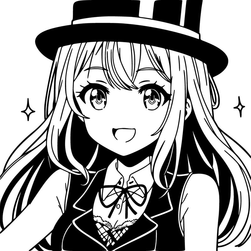 anime girl smiling and wearing a black top hat