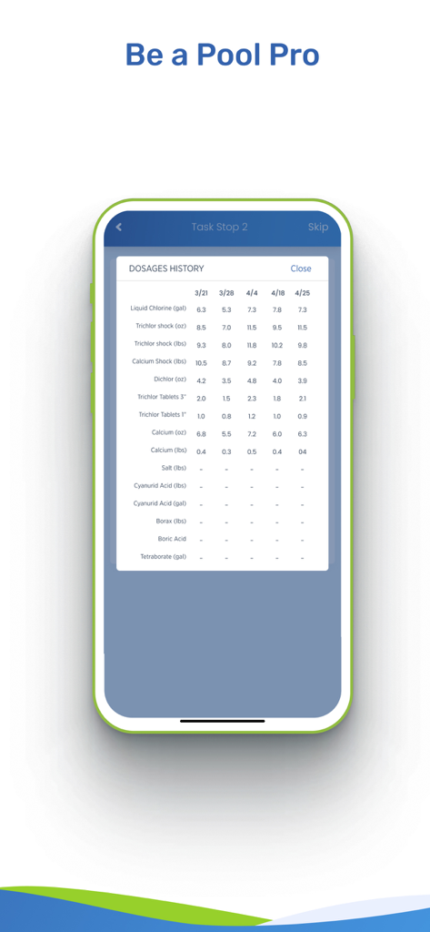 Pool Service Software - A mobile interface of the Pool Service Software showing a detailed historical table of pool chemical dosages including chlorine and shock.