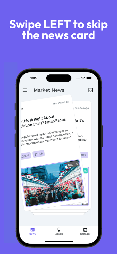 Tela do aplicativo móvel mostrando um feed de cartões de notícias para deslizar para atualizações de notícias do mercado financeiro