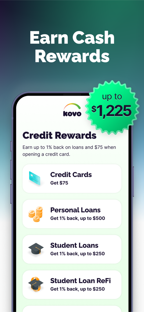 Kovo - Fast Credit Builder - A mobile screen from the Kovo app displaying cash rewards for credit cards, personal loans, and student loans.
