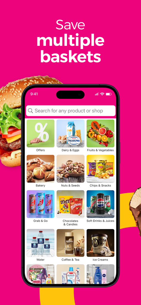 instashop: Groceries & more - InstaShop Mobile App-Bildschirm mit Lebensmittelkategorien und Suchfunktion
