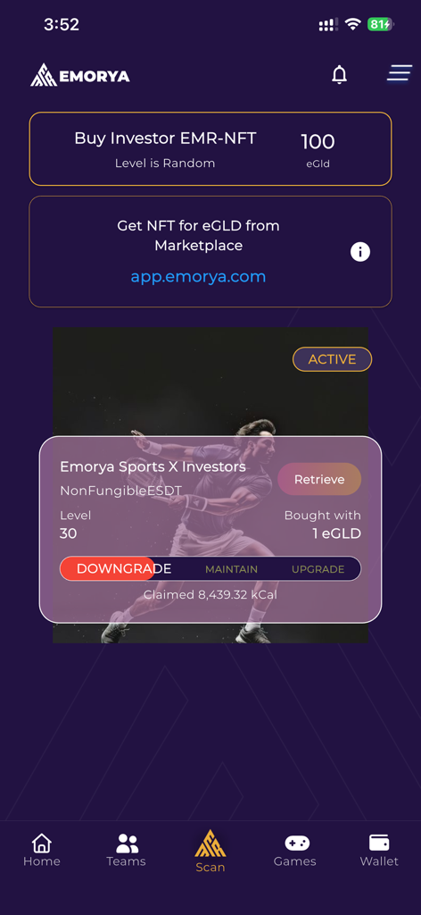 Interface do aplicativo Emorya mostrando o mercado de NFTs para investidores e rastreamento de recompensas de fitness com integração kCal.