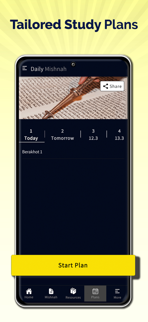 A smartphone displaying tailored daily study plans within the Jerusalem Talmud mobile application.