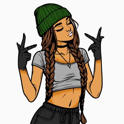 realistic teenage girl with braids and a beanie and crop top doing 🫶🏼