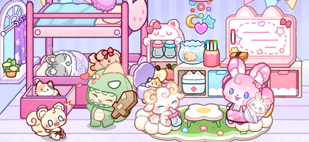 Lovely Cat World: Avatar Life - A cozy pink bedroom in Lovely Cat World featuring cute animal avatars, a bunk bed, and kawaii decor