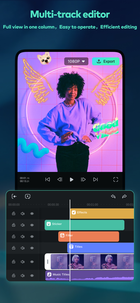 Interface de l'application d'édition vidéo Filmora HD affichant une timeline multipiste avec des effets vidéo et des autocollants