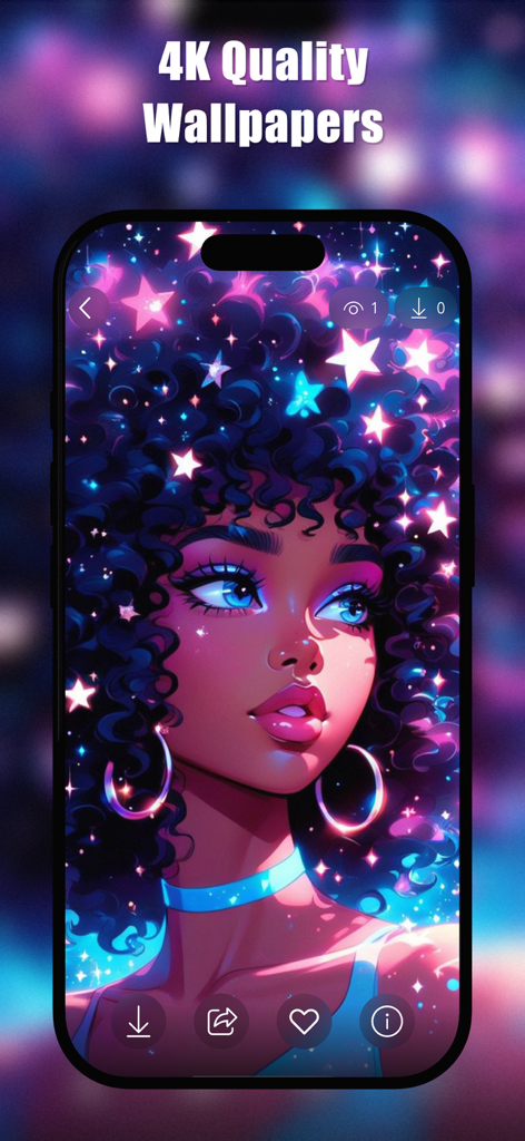 Melanin Wallpapers 4K | HD - A stunning 4K wallpaper of a Black woman with stars in her curly hair displayed on an iPhone screen