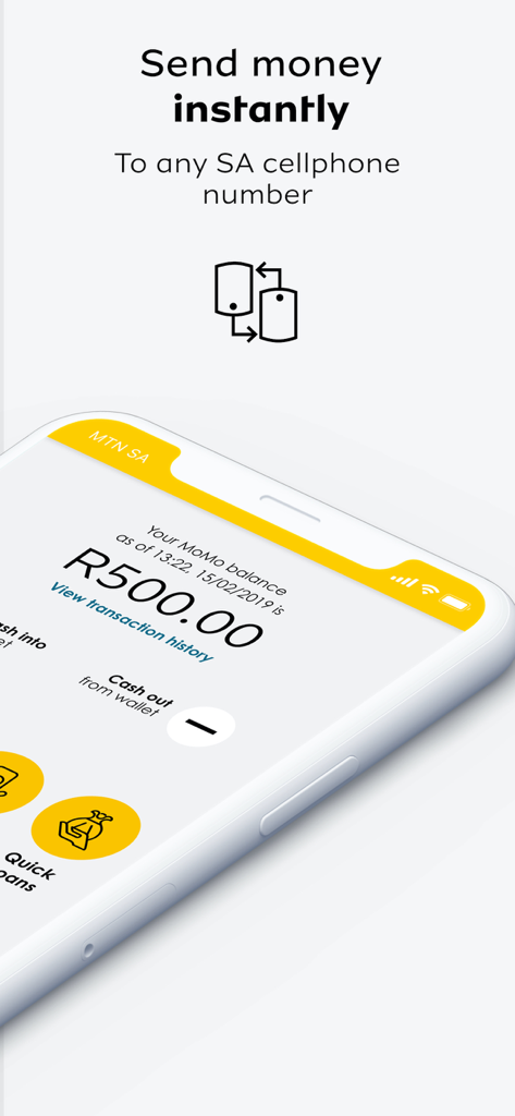 MTN MoMo SA - Interfaz de la aplicación MTN MoMo SA mostrando un saldo de 500 Rand y una función para enviar dinero instantáneamente a cualquier número de teléfono sudafricano.