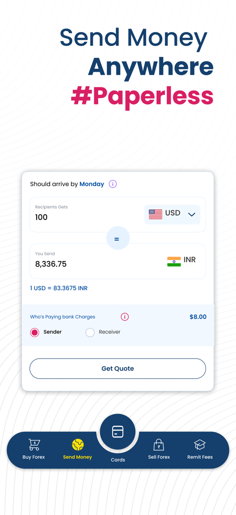 TC Pay | Payment Solutions - TC Pay app screen showing international money transfer from USD to INR