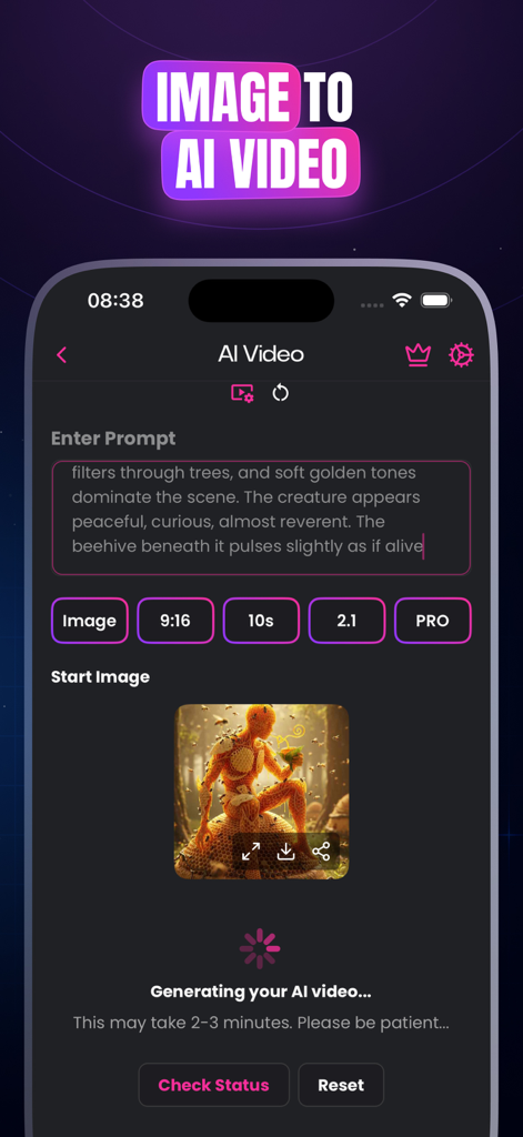 AIVidly - AI Video Maker - Smartphone-Bildschirm, der die AIVidly-App zeigt, die ein KI-Video aus einer Textvorgabe und einem Bild generiert.