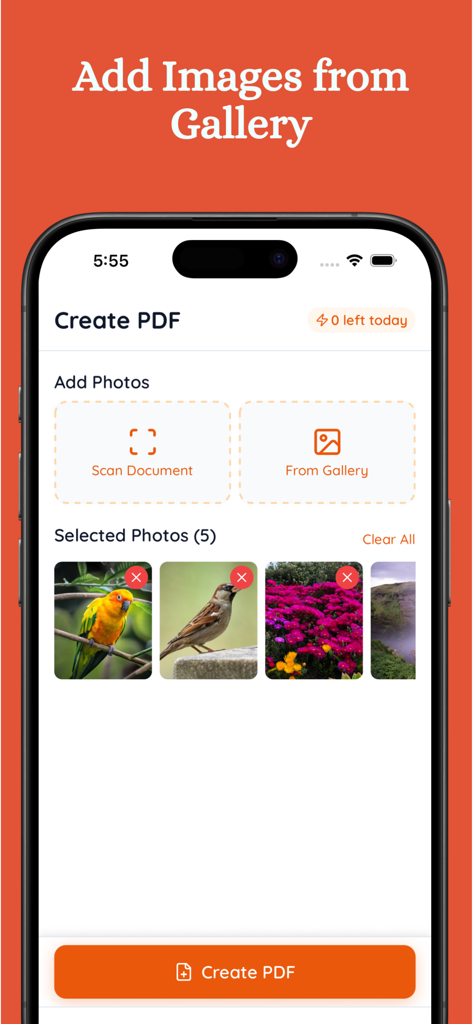 Image to PDF - PDF creator + - Interfaz de la aplicación móvil que muestra la selección de varias imágenes de una galería para convertirlas en un único documento PDF