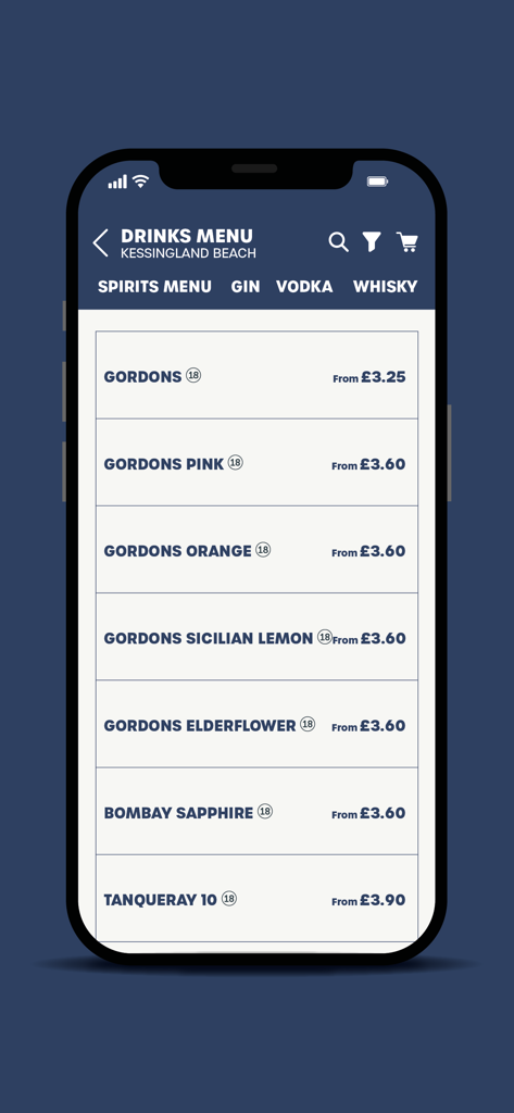 Menú de bebidas de la aplicación Parkdean Resorts que muestra varias ginebras y licores con precios