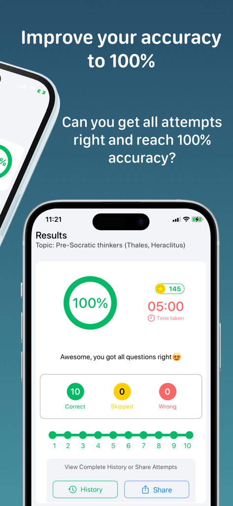 Philosophy+ - Philosophy Plus app quiz results screen showing one hundred percent accuracy on Pre-Socratic thinkers