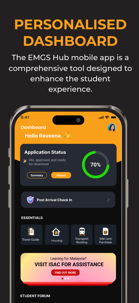 EMGS Hub - Personalisiertes Dashboard der EMGS Hub App, das den Visumantragsstatus und Studenten-Essentials anzeigt