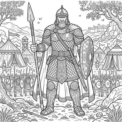Step into an ancient world with this impressive coloring page featuring the formidable Goliath. This detailed full-scene landscape offers a rich canvas for history buffs and coloring enthusiasts alike.