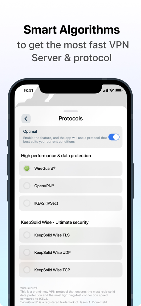 VPN Unlimited protocols menu showing the WireGuard option and smart algorithm settings