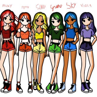 a group of girls wearing crop tops and shorts