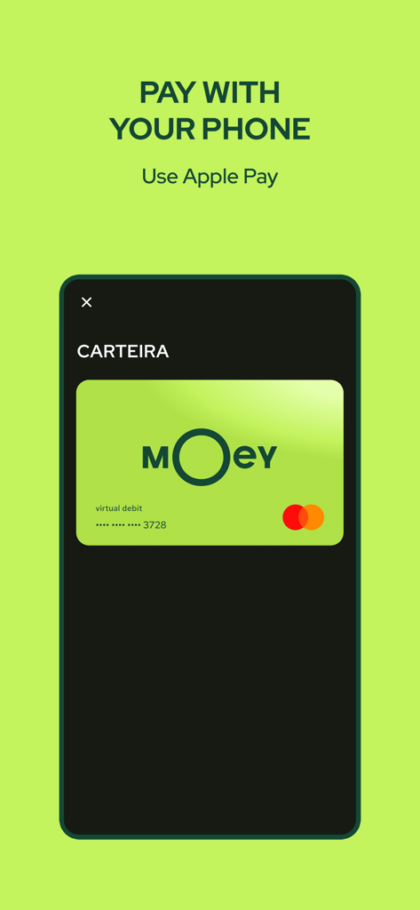 Moey mobile banking app interface showing a virtual debit card for Apple Pay integration