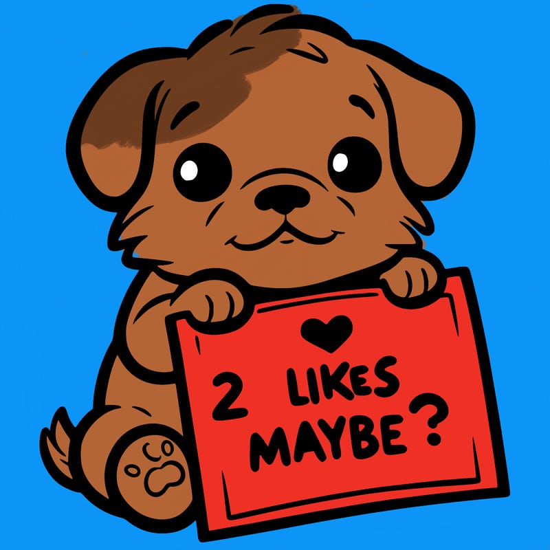 a puppy holding a sign that says 2 likes maybe?