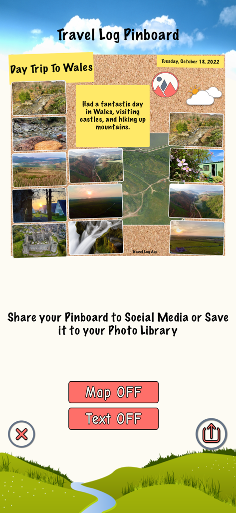 Travel Log App - Un tableau d'affichage de voyage numérique présentant des photos et des notes d'une excursion d'une journée au Pays de Galles.