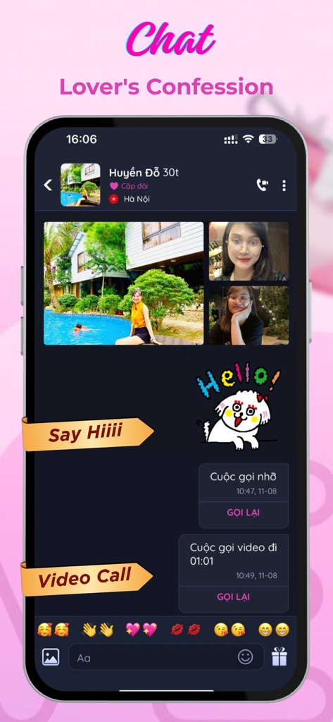 Falo: Dating Video Chat - Interface of the Falo dating app showing a private chat with photos, stickers, and video call history.