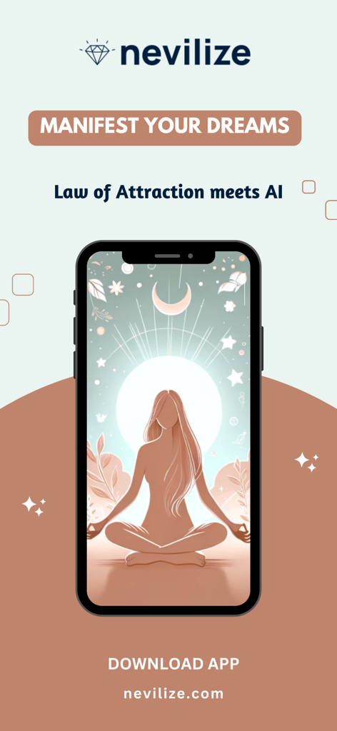 Nevilizeアプリ画面には、瞑想的なイラストと「夢を具現化する 引き寄せの法則とAIの出会い」というスローガンが表示されています
