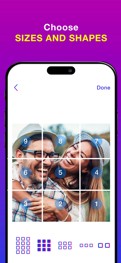 A 3x3 photo grid layout showing the numbered posting order for an Instagram feed