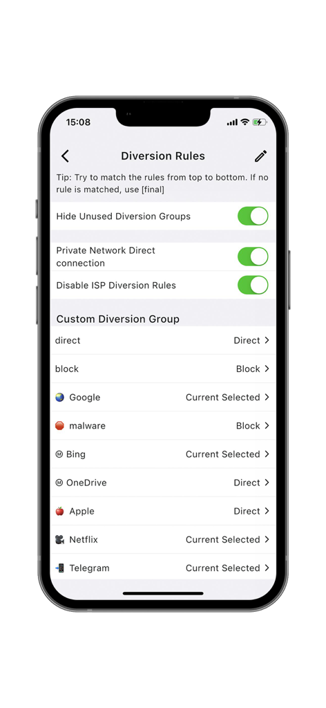 Karing - Captura de pantalla de la aplicación Karing que muestra reglas de desvío personalizadas y configuración de enrutamiento de red para diferentes servicios como Google, Netflix y Telegram
