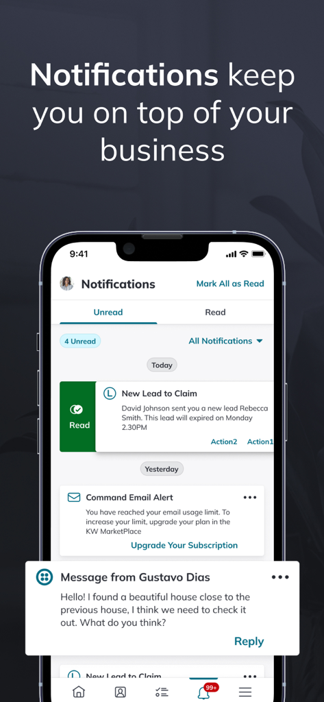 KW Command app notification screen showing a new lead to claim and messages from clients.