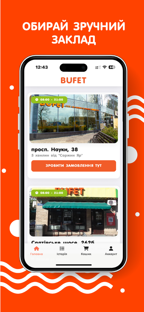 Bufet - Bufet app showing a list of pizzeria locations in Ukrainian