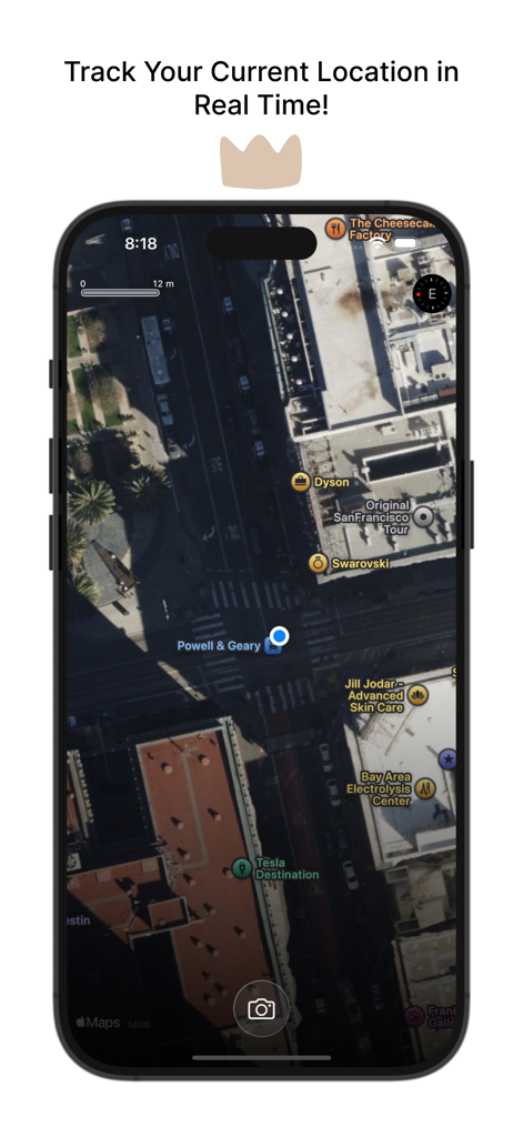 My Map Diary - Satellite map view on a smartphone showing real-time location tracking with a blue dot indicator.