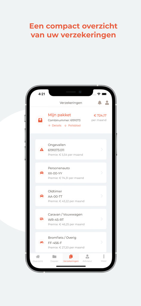 A smartphone screen showing a compact overview of various insurance policies and monthly premiums in the VerzekeringApp