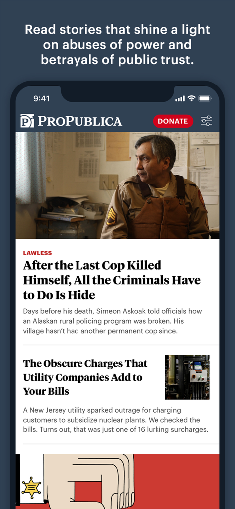 ProPublica - Interfaz de la aplicación móvil ProPublica que muestra artículos y titulares de noticias de investigación.