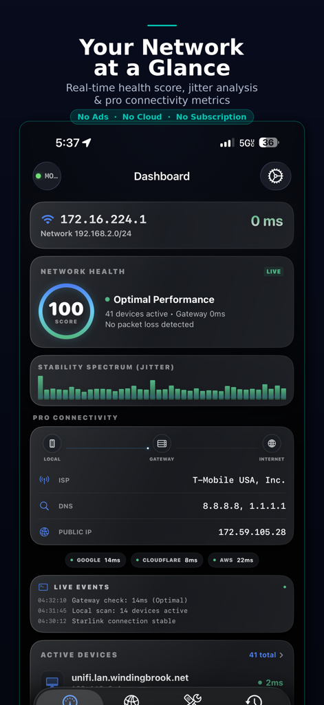 NetMonitor Mobile dashboard showing real-time network health score and jitter stability spectrum