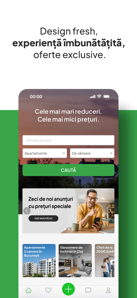 Mobile app interface for homeZZ showing real estate search filters for apartments in Romania.