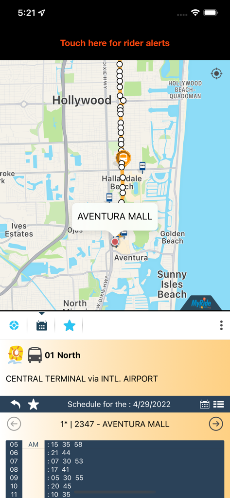 MyRide Broward - MyRide Broward app interface showing a real-time bus map and arrival schedule for Aventura Mall
