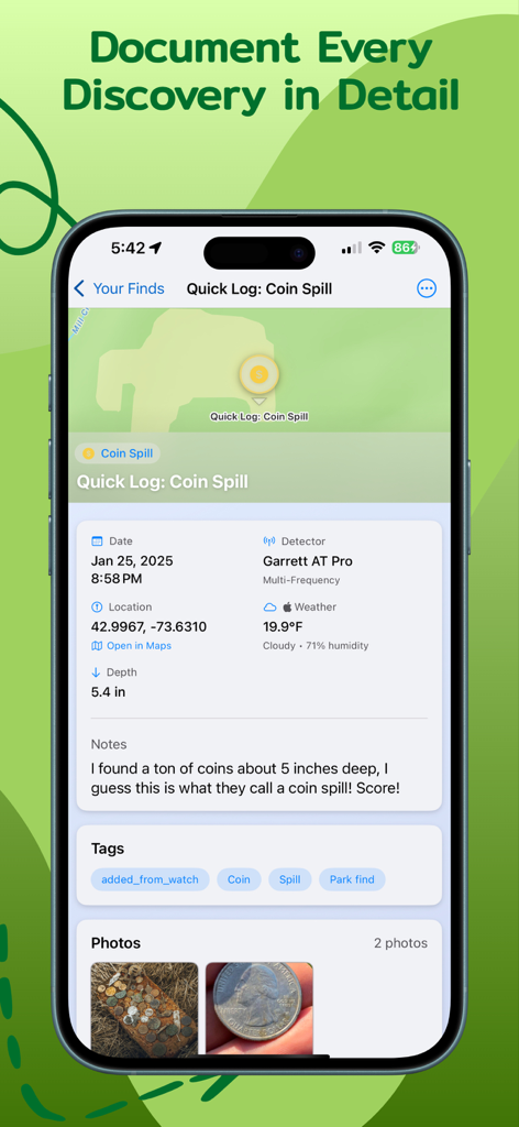 Treasure Tracker - A detailed log entry in the Treasure Tracker app showing photos, GPS coordinates, depth, and notes for a coin spill discovery.