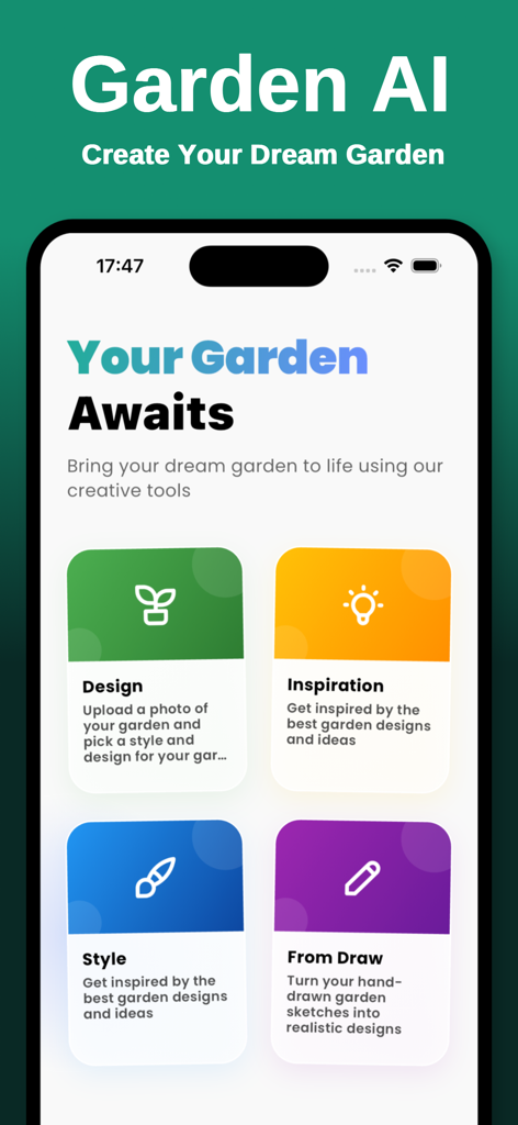 Main interface of the Gardenby AI app showing garden design options like photo upload, inspiration, and sketch transformation.