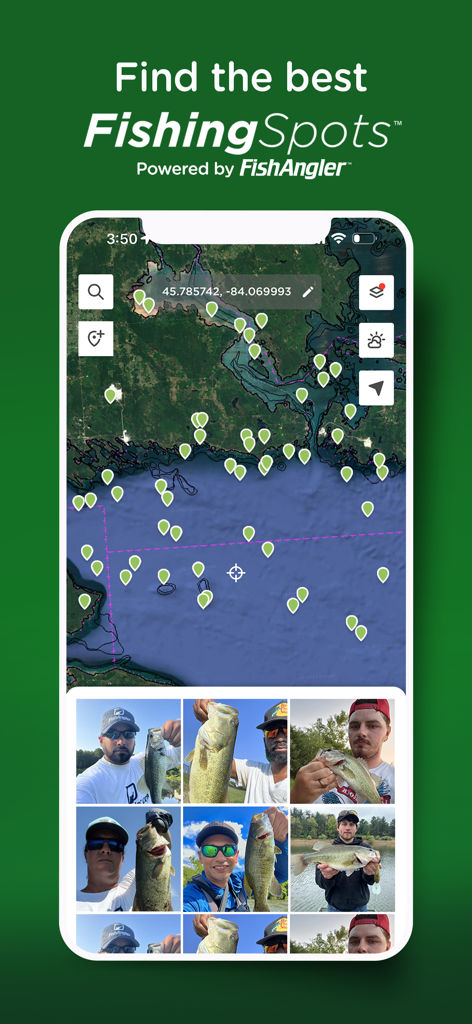 Fishing Spots - Fish Maps - Bildschirm einer mobilen App, der Kartenmarkierungen von Angelplätzen und eine Community-Galerie von Benutzern mit ihren Fängen zeigt.